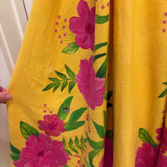 Farm Rio Romantic Garden Yellow Pink Plunge Midi Dress Size M - Picture 15 of 16